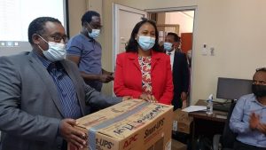 Prof. Jeylan wolyie and other invited guests on inauguration of Health Information System (HIS) Training Center at Haramaya University