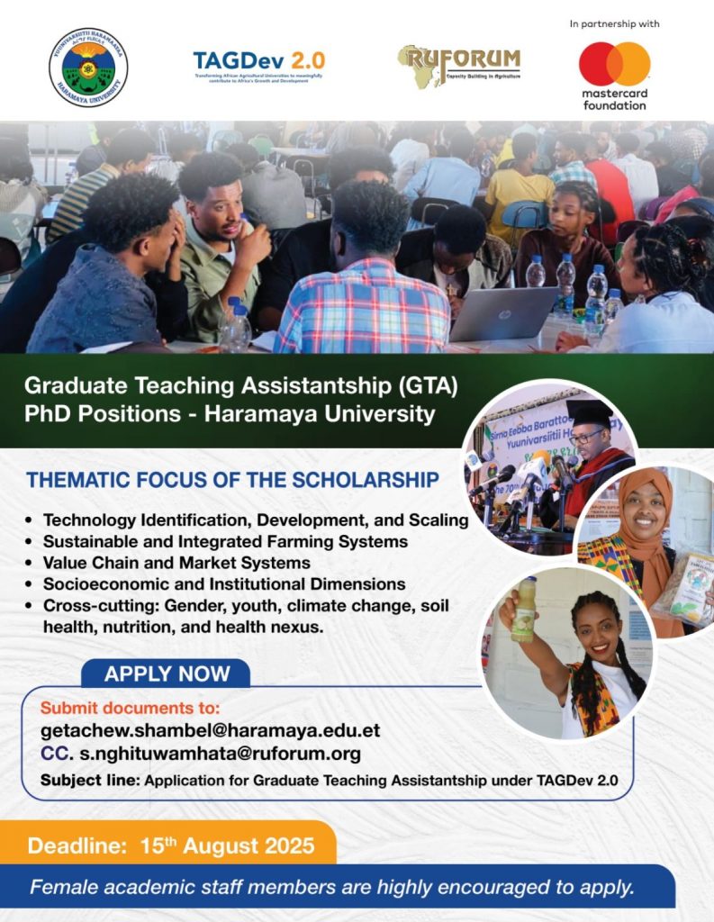  Haramaya University is providing 25 Graduate Teaching Assistantship (GTA) positions for PhD students for academic year 2025/26. 